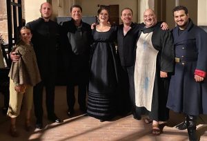 After the Premiere of Tosca, with Francesco Meli, Luca Salsi, Sesto Quatrini. Piacenza, Palazzo Farnese (Italy), July 2021