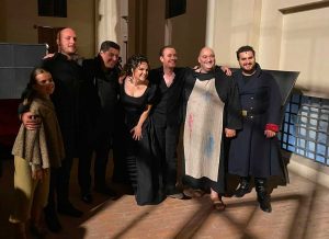 After the Premiere of Tosca (Palazzo Farnese-Piacenza) July 2021, with Francesco Meli, Luca Salsi, Sesto Quatrini, Valentino Salvini and Andrea Galli